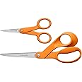 Fiskars Original Orange Handled Scissors 2-Piece Set, 5" Micro Tip and 8" Stainless Steel Scissors, Paper and Fabric Supplies for Office and Arts and Crafts Set, Orange