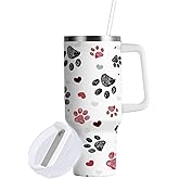 Boccsty Black Red Dog Paw Prints Hearts Insulated Tumblers Reusable Stainless Steel Tumbler 40 oz Cup Coffee Travel Mug Water Bottle with Handle & Flip Straw for Home Office Car