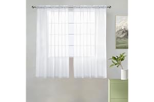 youleyar Solid Sheer Rod Pocket Curtain Voile Draperies 2 Panels White Beige Black Grey Coffee 38 Inch Width 54 Inch Long 1 Pair for Kitchen Bedroom Children Living Room Yard(White,38Wｘ54L)