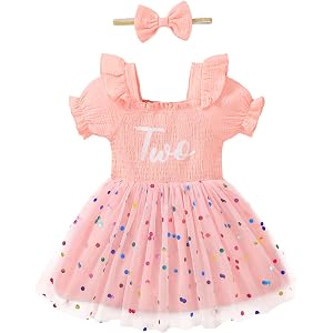 Baby Girl 2nd Birthday Dress Girl Tulle Party Dress Two Year Old Birthday Ruffle Sleeve Outfit with Bow Headband