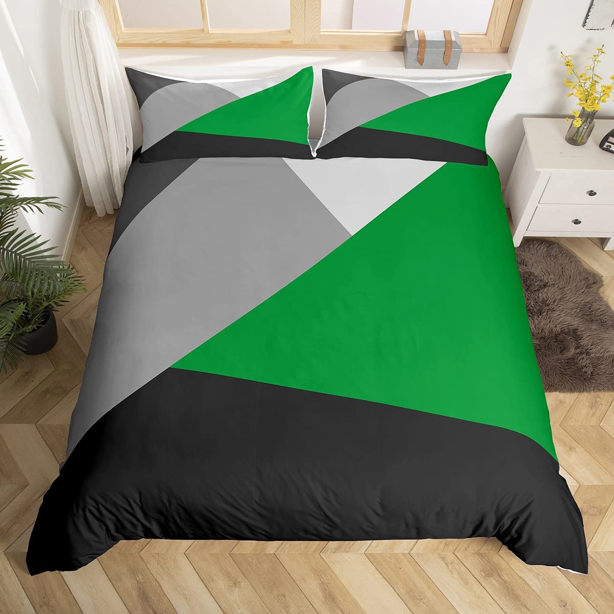 Homewish Geometric Single Duvet Cover Set with 1 Pillowcase - Single Size, 100% Soft & Breathable Polyester, Zip Closure - Green Black Gray Bedding - Modern Simple Pattern with Black Reverse — image 1