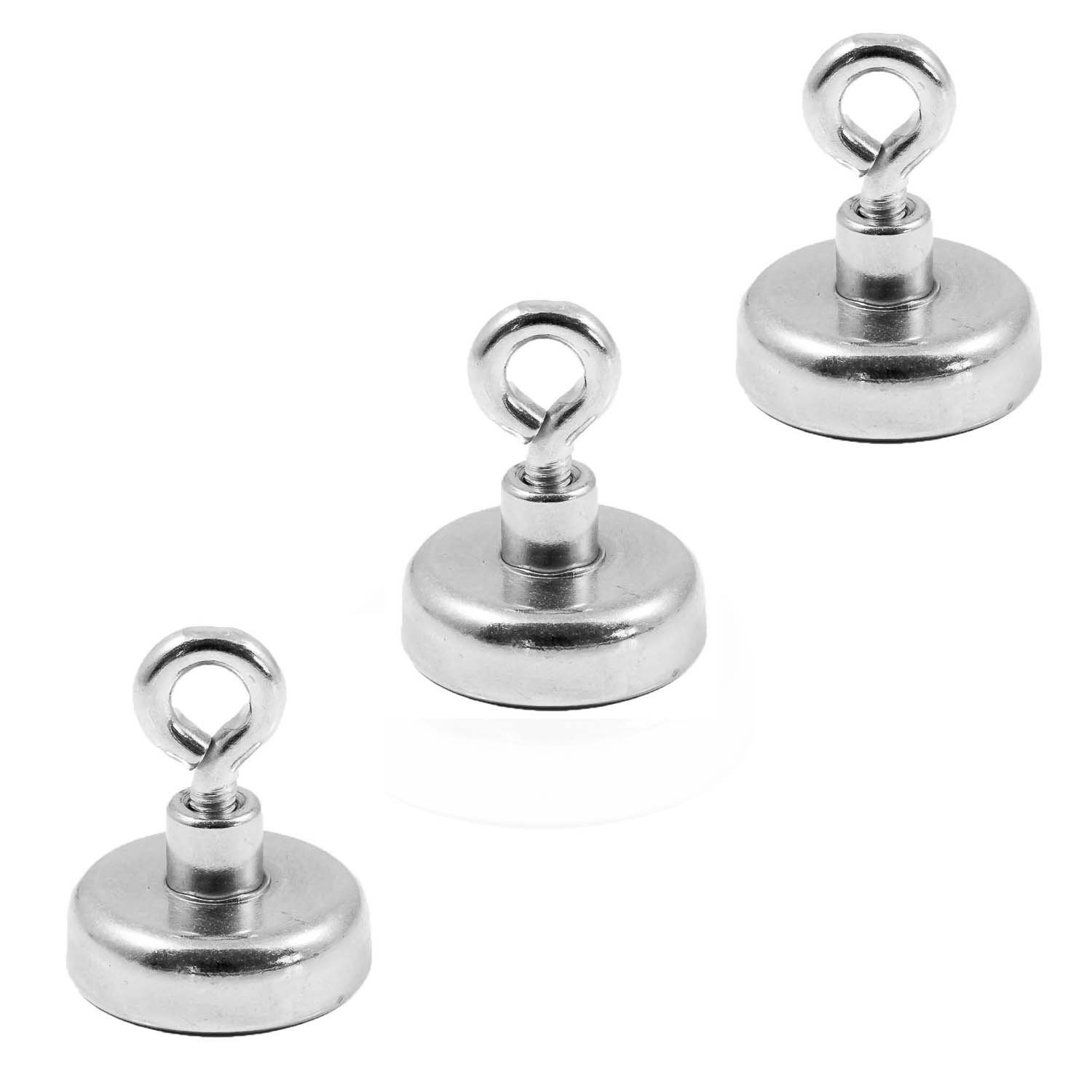 Magnetastico® | 3 pieces neodymium N35 eyelet magnets 25 mm Ø | Holding force 22.0 kilograms | 3 neodymium pot magnets with eyebolt, magnetic eyelet, very strong & galvanised