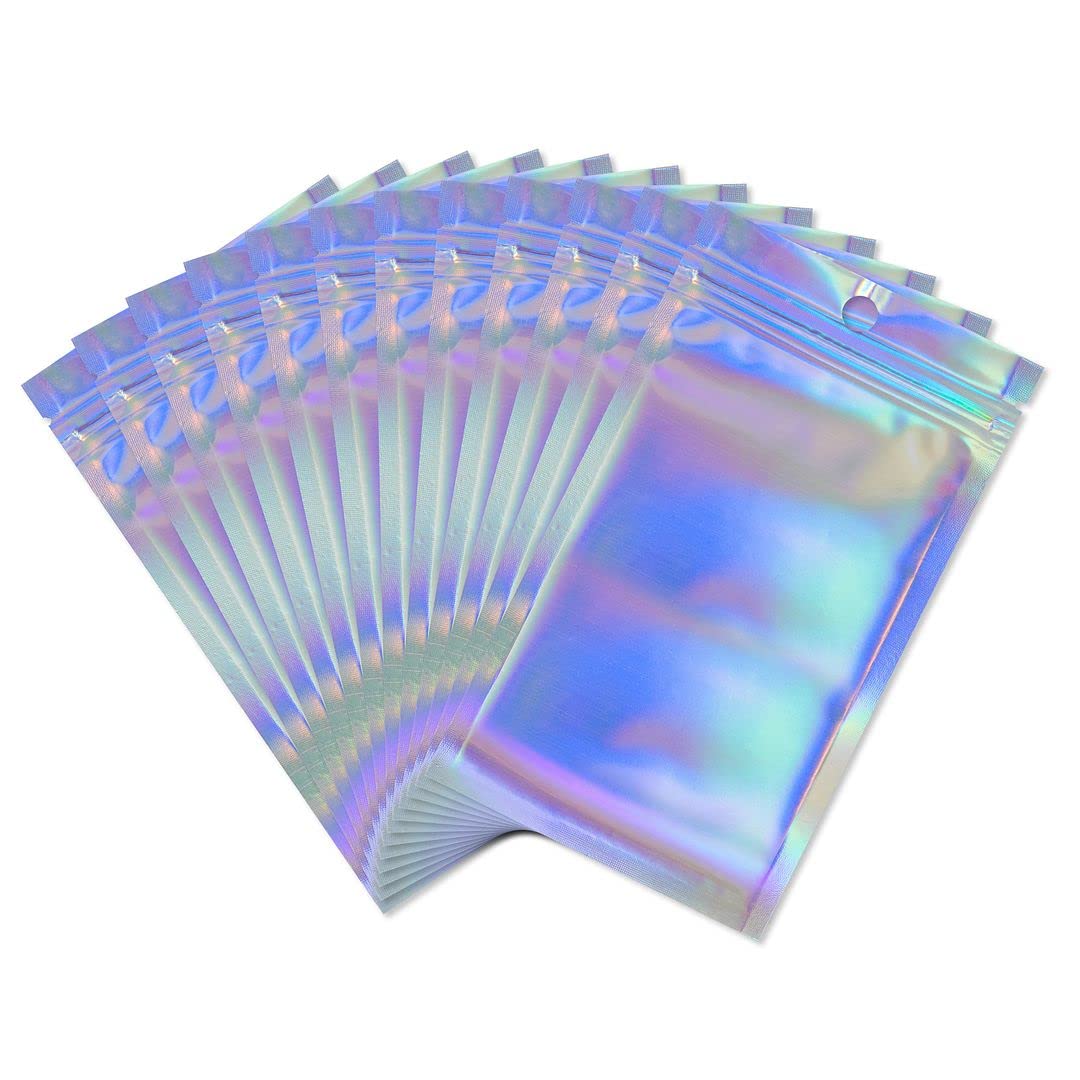 Rimiko 50pcs Holographic Ziplock bags, Reusable Foil Sample Bags for Packaging, Resealable Aluminum Mylar Bags, Clear Foil Pouches for Food Storage (2.75"x3.9", 7x10cm)