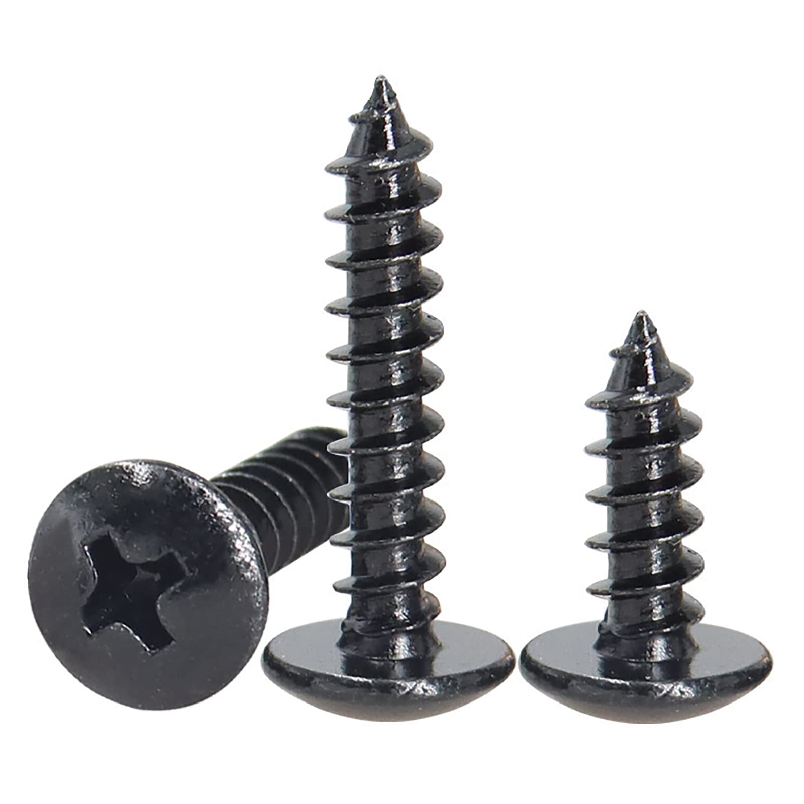 FandWay 100Pcs Self Tapping Screws Black,M5 Wood Screws Assortment,Truss Head Self Drilling Screw,Round Head Sheet Metal Screw Phillips/Cross Drive for DIY WoodWork Repairs.