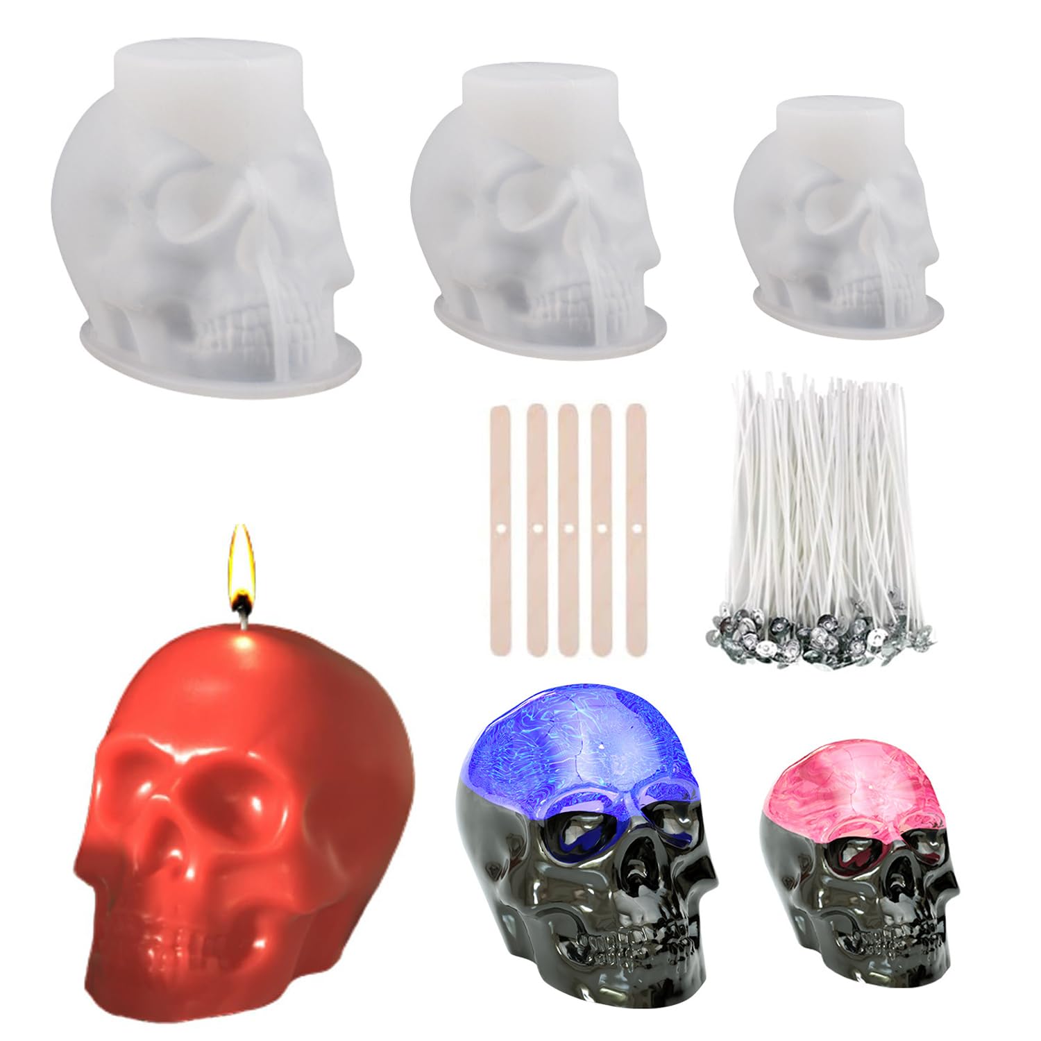 Treedix Skull Resin Moulds Silicone, 3D Moulds for Epoxy Resin, Three-Size Skeleton Candle Molds for Candle Making, Home Garden Door Decoration, Halloween Ornaments, DIY Gifts, Art Crafts (3 Sets)