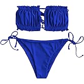 ZAFUL Women 2 Piece Strapless Bikini Swimsuits Ruffle Ribbed Self Tie Bandeau Bikini Set High Cut String Bathing Suits