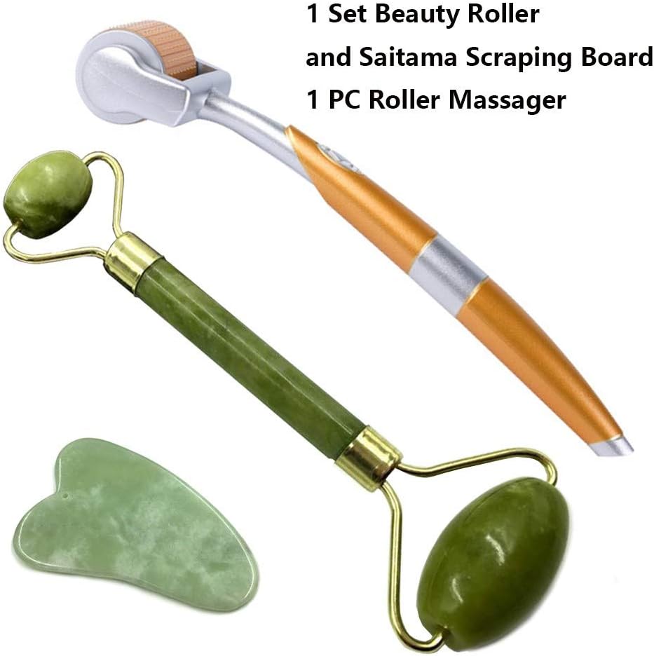 Lifreer 1 PC Derma Roller 0.5mm Needles Multi-Function Micro Needle Roller, 1 Set Jade Roller & Gua Sha Scrapping Board Tool Set for Skin Care, Anti-Aging & Anti-Wrinkle and Body Relaxing