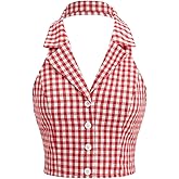 BEAUDRM Women's Plaid Print Crop Top Button Front Halter Top Backless Cropped Halter Tank Top Slim Fit Cami Top Camisole