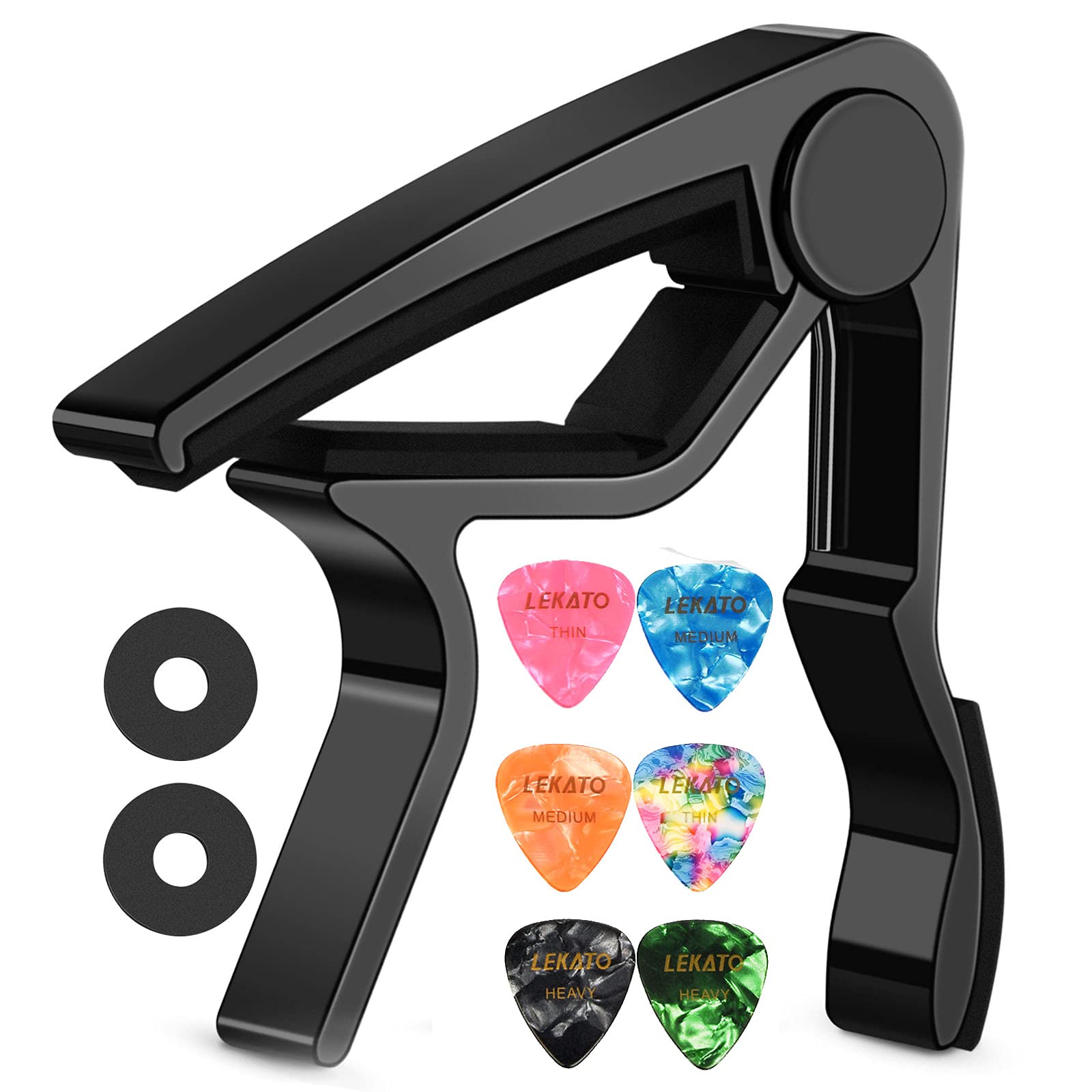 LEKATO Guitar Capo with 6 Guitar Picks for Electric Guitar Acoustic Guitar, Guitar Clip Quick-Change Capo Clamp for Guitars Ukulele Mandolin and Banjo,Pletrums & Strap Locks Included
