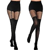 MANZI Womens Faux Thigh High Fishnet Stockings Stitching Opaque Pantyhose Mock Over the Knee Goth Striped Suspender Tights