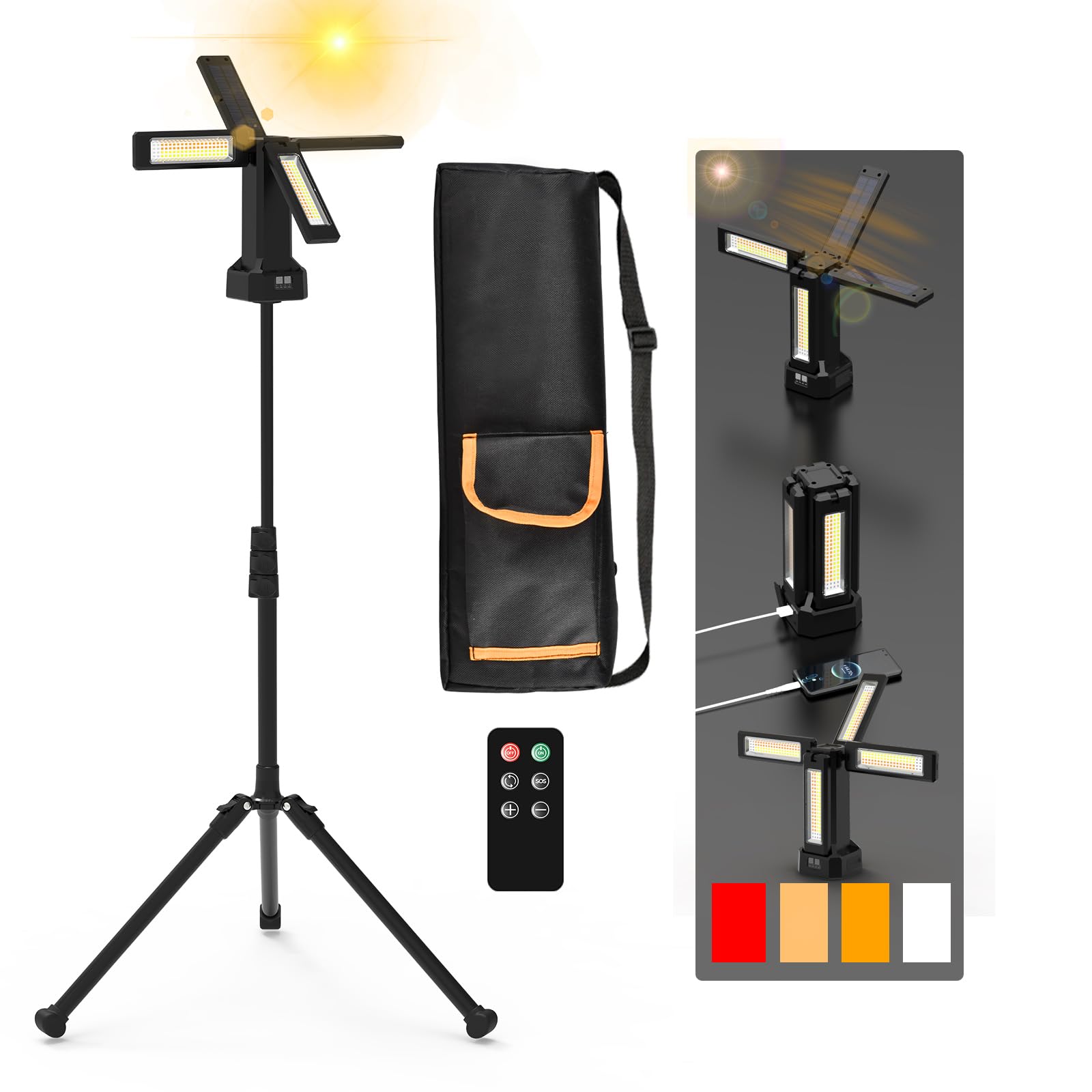Photo 1 of 13200mAh Rechargeable Solar Work Light with Folding Stand and Carrying Bag, AODOO 8000 Lumen Stepless Dimmable , White/Warm/Nature White/RED(SOS) with Detachable Tripod (Black(Remote))