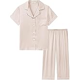 Joyaria Womens Matte Satin Capri Pajama Set – Breathable, Anti-Static, Smooth & Drapey Short Sleeve Button-Up Sleepwear