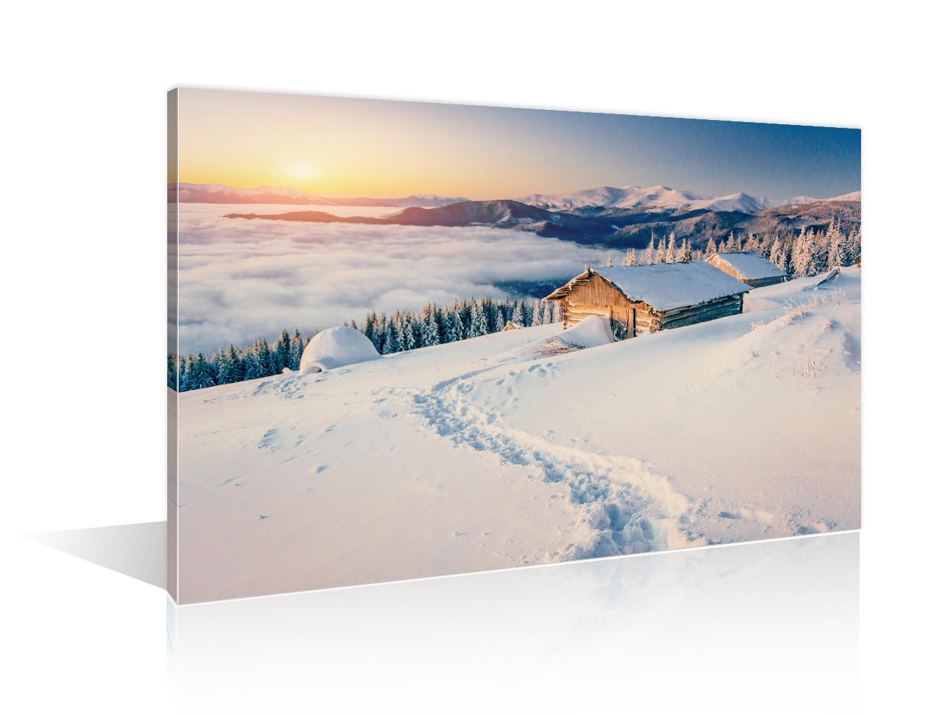 TISHIRON Beautiful Snow Scene Wall Decor for Living Room Winter Chalets in the Mountains at Sunset Pictures Wall Decor for Bedroom 1 Panel Posters and Prints Framed Ready to Hang (16" Wx24 H)