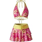Floerns Women's 3 Piece Bikini Sets Boho Floral Print Halter Swimsuit Layered Ruffle Bathing Suit