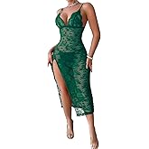 Foxiny Sexy Split Wireless Sheer Floral Lace Maxi Dress With Thong 2 Piece Lingerie Set