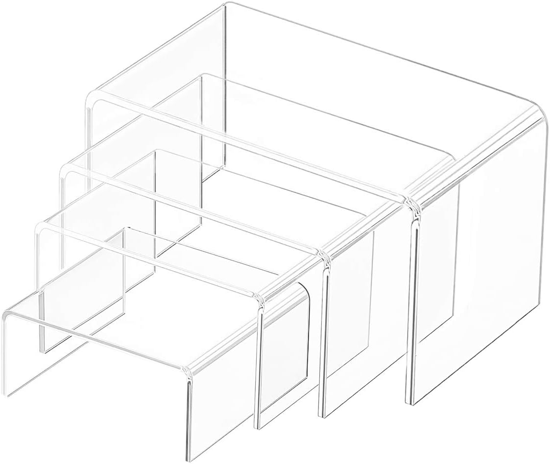 Clear Acrylic Display Risers, 4-Packs Showcase Shelf for Figures, Buffets, Cupcakes and Jewelry Display Stands, with Sticky Protective Film