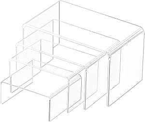 Clear Acrylic Display Risers, 4-Packs Showcase Shelf for Figures, Buffets, Cupcakes and Jewelry Display Stands, with Sticky Protective Film