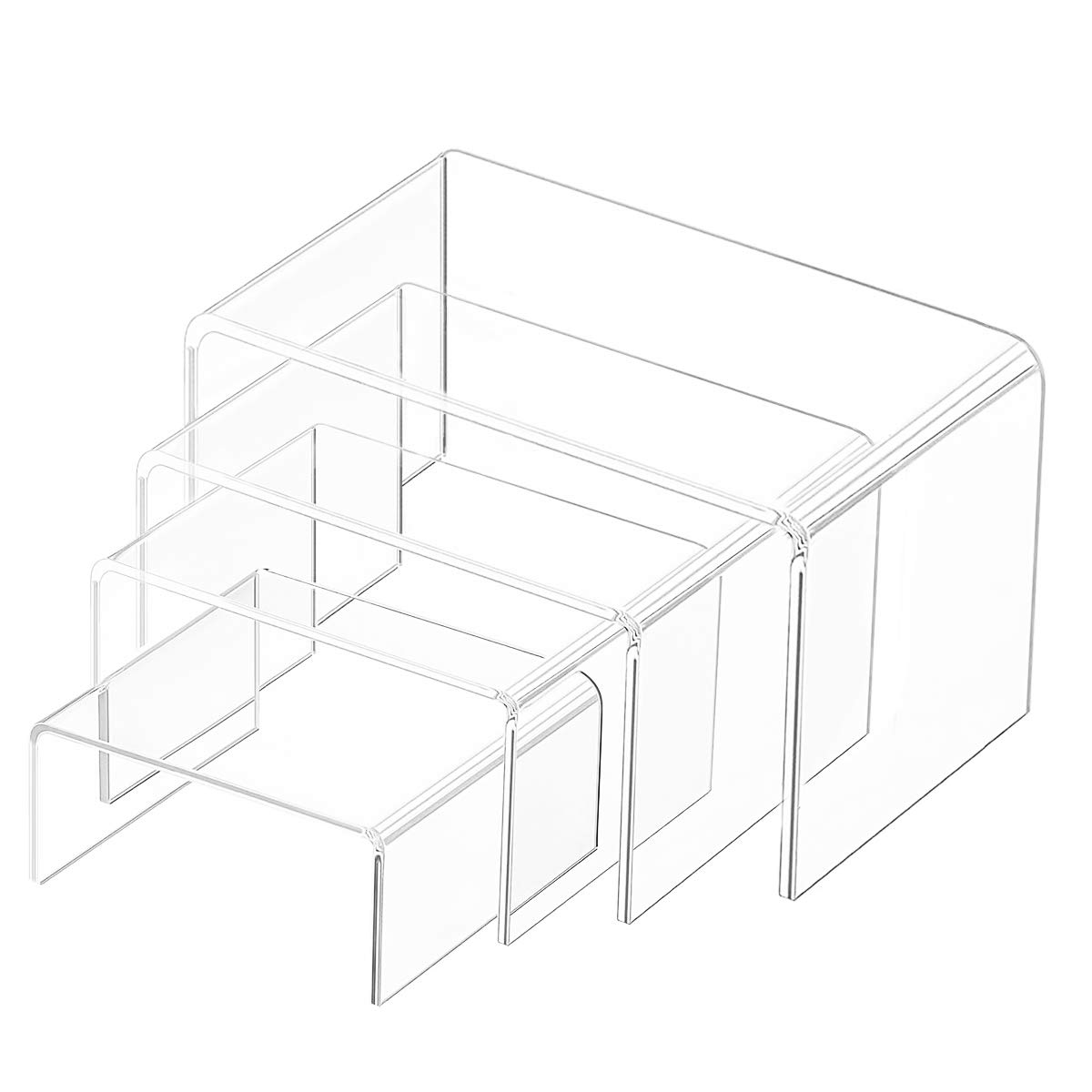 Milaloko Clear Acrylic Display Risers, 4-Pack Showcase Shelf for Figures, Buffets, Cupcakes and Jewelry Display Stands, with Sticky Protective Film