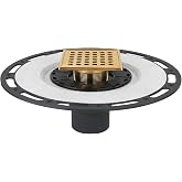 Kauwm 4-Inch Square Shower Drain Kit with Bonding Flange, Polished Gold | Removable 304 stainless steel grate with hair strainer; fits 2- and 3-inch pipes for tiled shower floors and wet areas