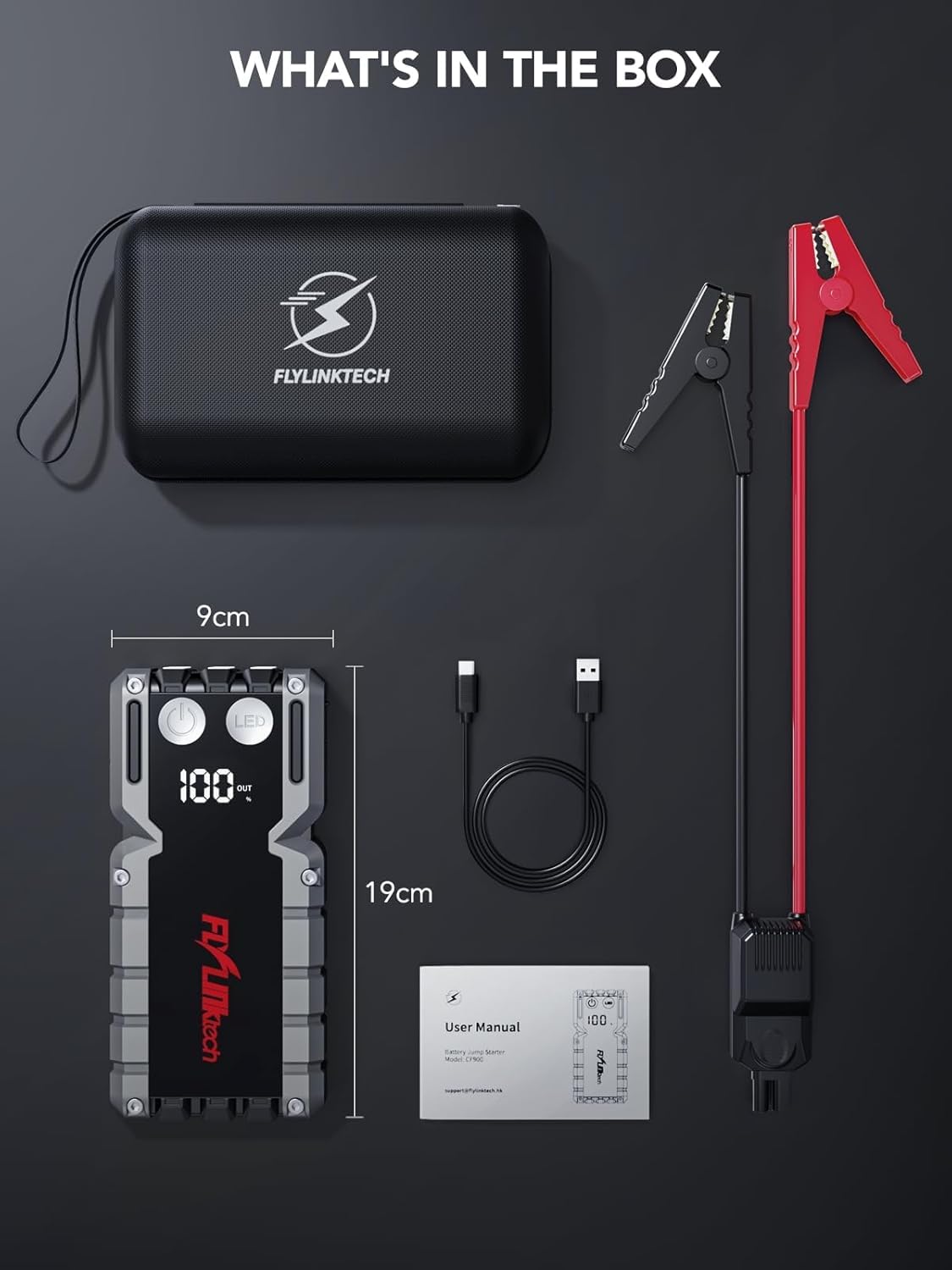 FLYLINKTECH 5000A Car Battery Jump Starter(Up to 9.0L Gas or 8.0L), Portable Car Jump Starter Battery Pack, 12V Jump Box with Safety Jumper Cables, Fast Charge 3.0, Lights, LCD Display