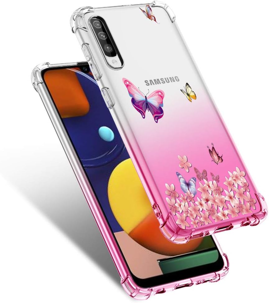 Starhemei for Galaxy A50 Case, Shock-Resistant Flexible TPU Gasbag Protection Rubber Soft Silicone Anti Dropping Phone Case Cover for Samsung Galaxy A50 (Pink&Flower)