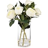 ENOVA FLORAL 9 Heads Silk Rose Artificial Flowers in Vase,Faux Rose Flowers Arrangement in Vase with Faux Water for Table Decor Centerpieces (Cream)