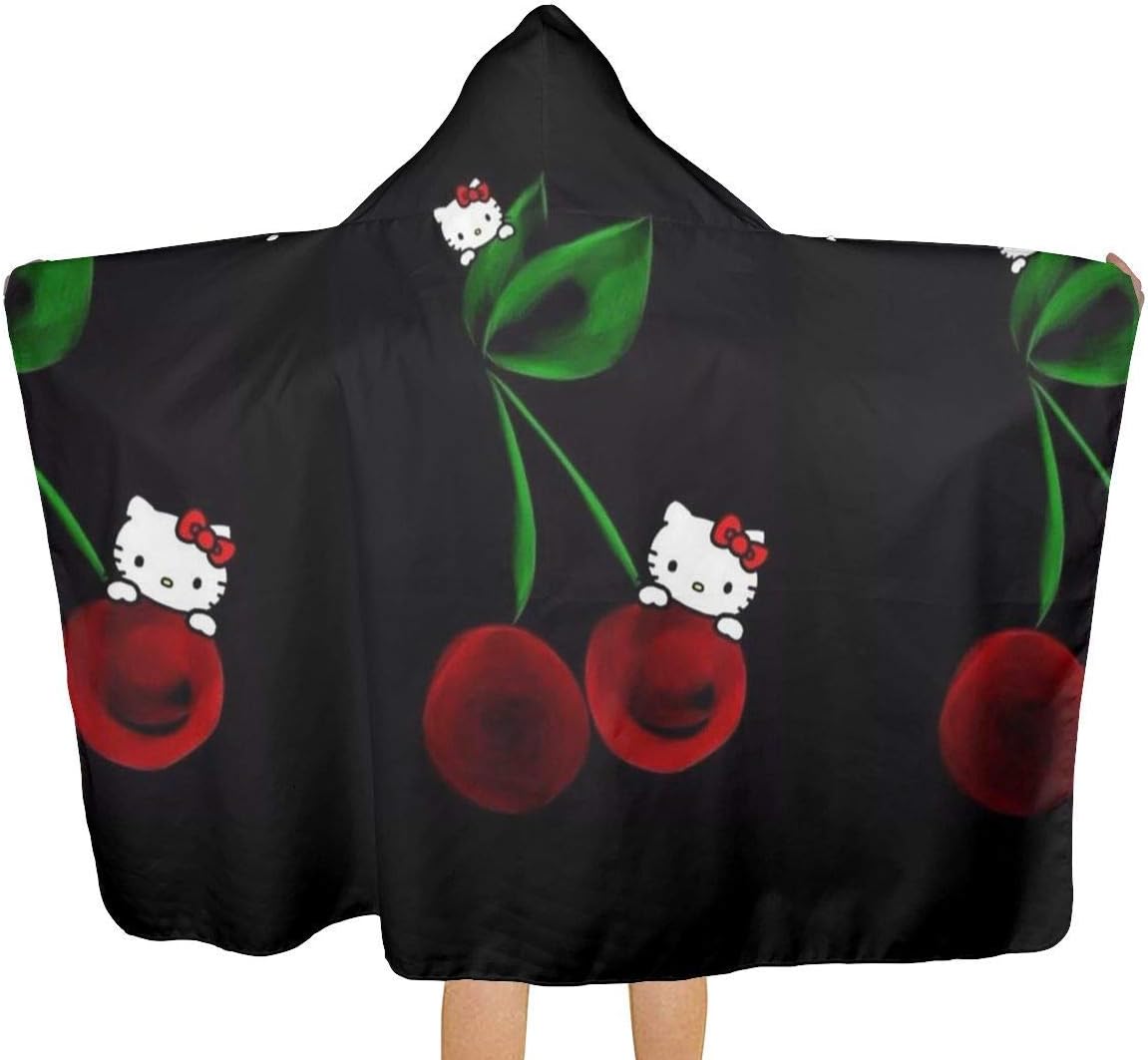 FSTGF Big Beach Towel with Hood & Baby Bath Towel - Hello Kitty with Cherry Theme Fast Drying Beach Towel for Swim Pool Ultra Absorbent - 51.5 X 31.8 Inch