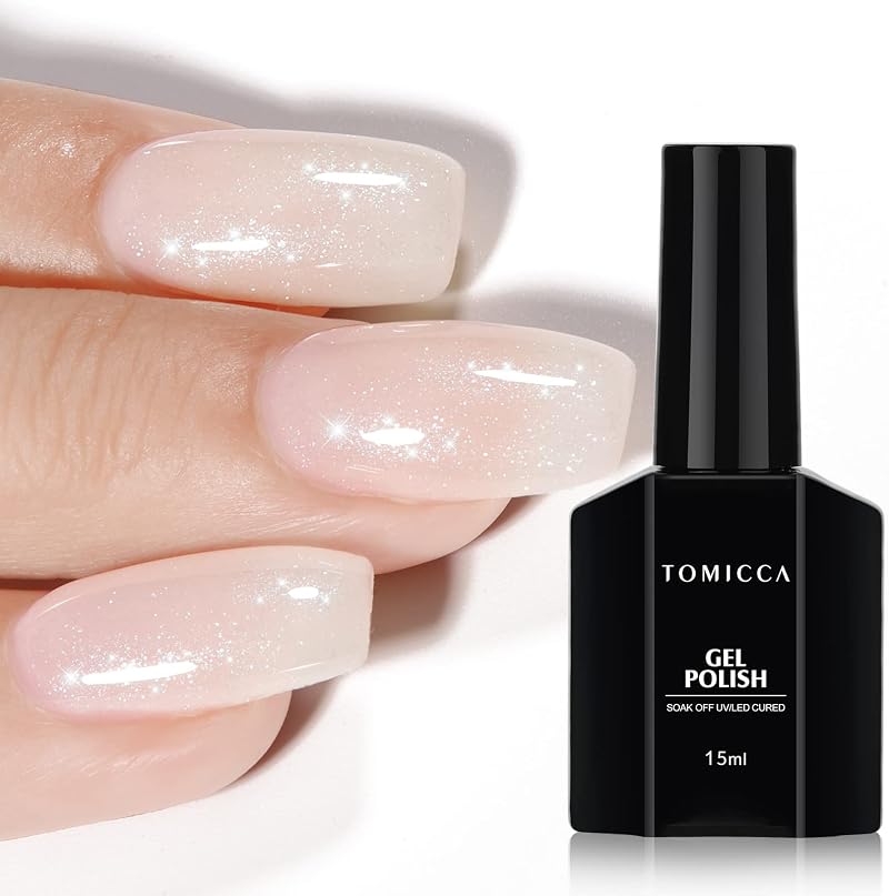 TOMICCA White Glitter Gel Nail Polish Shimmer Silver Nude Translucent Jelly Top