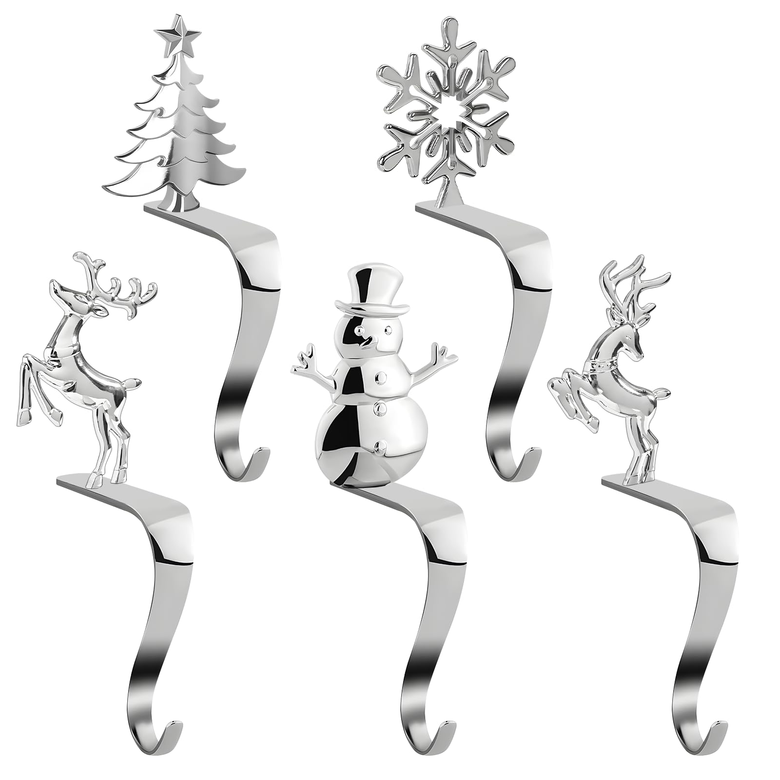 JORETLE 5 Pack Christmas Stocking Holder Hooks,Designs Snowflake, Christmas Tree, Reindeer,Snowman and elk,No-Punch Mantel Stocking Hooks for Christmas Party Decoration(Silver)