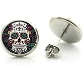 DianaL Boutique Silver Tone Glass Cabochon Gothic Skull Earrings Stud Post Art Picture Jewelry