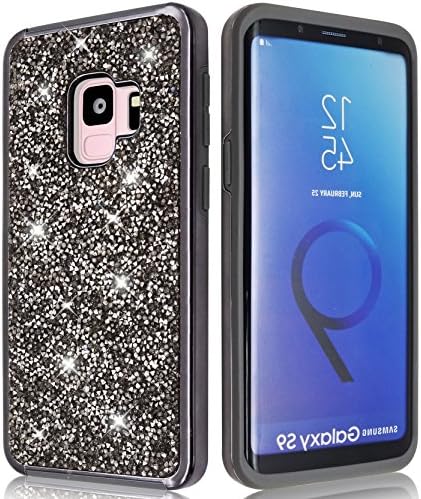 Samsung Galaxy S9 Glitter Shiny Bling Sequin Sparkle Diamond Hybrid Rubber Hard Crystal Heavy Duty Protective Phone Case Cover for Samsung Galaxy S9 (Black, Samsung Galaxy S9)