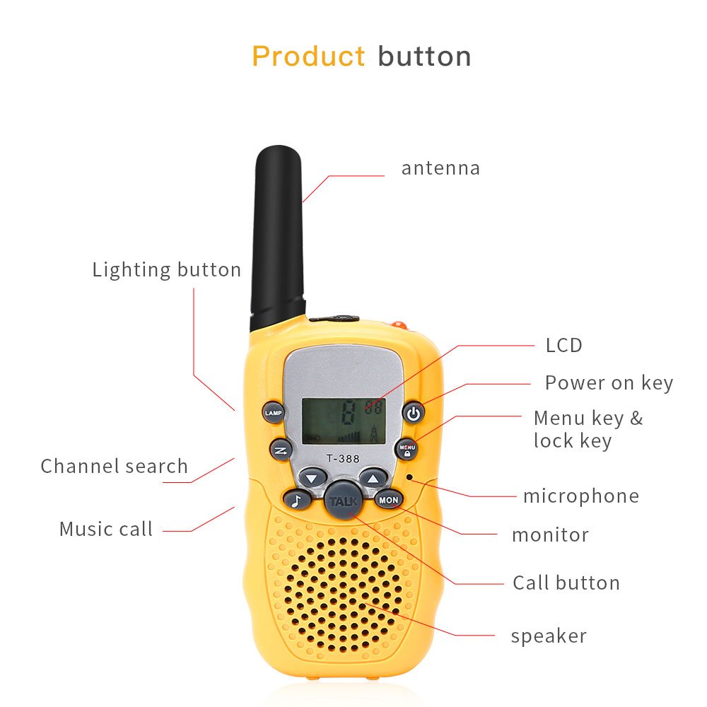 BROMOSE Kids Walkie Talkies 22 channel two way radio up to use 3 Miles Handset with Indicator and Belt Clip Toy for Children Great Fun for Outdoor Play Camping Hiking 2 PCS,Yellow