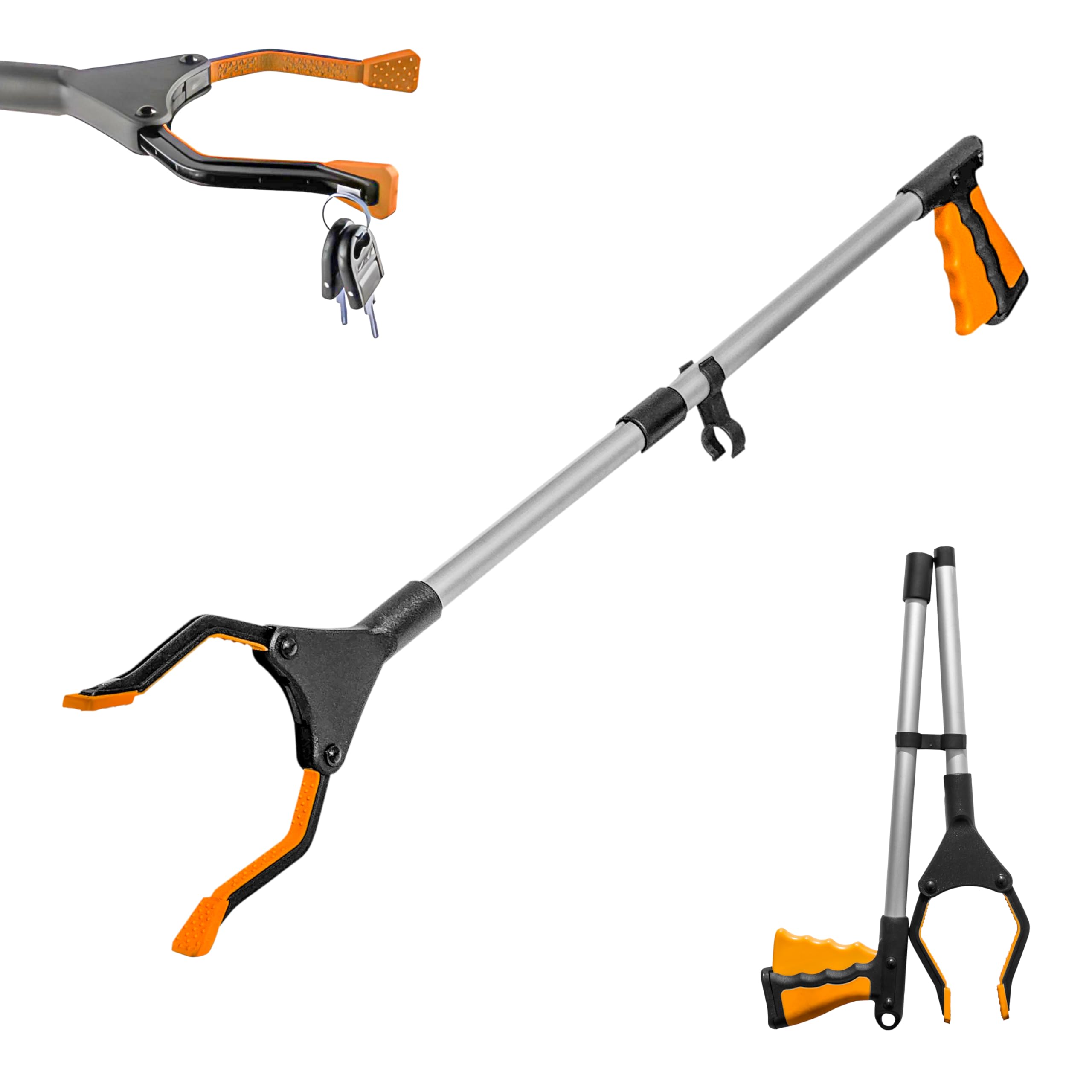 Crust-Pro Litter Picker, 32" Long Arm Foldable Litter Grabbers for Disabled & Adults, Heavy Duty Rubbish Picker with Embedded Magnet, Lightweight Rotating Jaws Grabber Stick Reaching Aids (Orange)