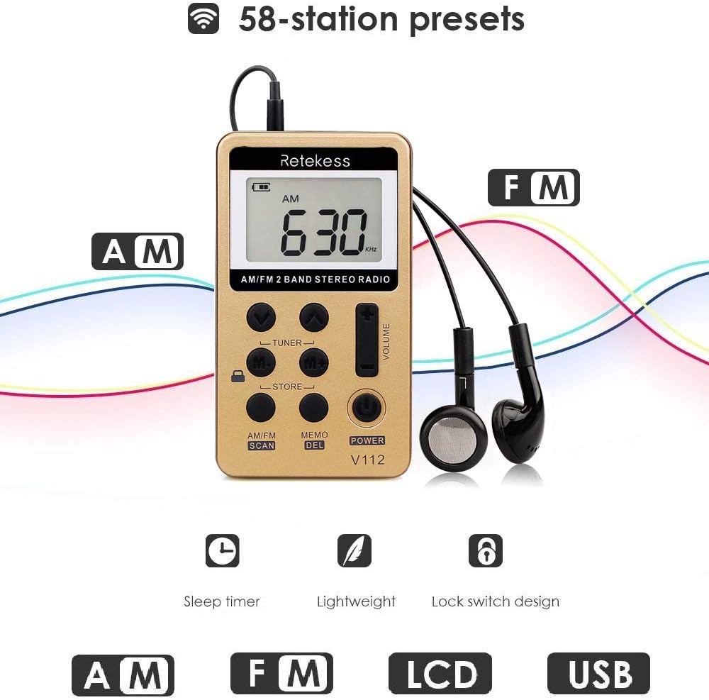 Retekess V112 Pocket Radio Headphones,Small Radio Portable,Rechargeable Battery,Sleep Timer, LCD,Lock Switch - Image 5