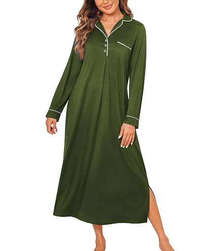 women turning leaves soft modal flowy night dress reviews Womens Long Nightgowns Sleepwear Long Sleeve V Neck Nightshirts Lightweight Comfy Nightdress Army Green at Amazon Women's Clothing store Women's Unstitched Clothing