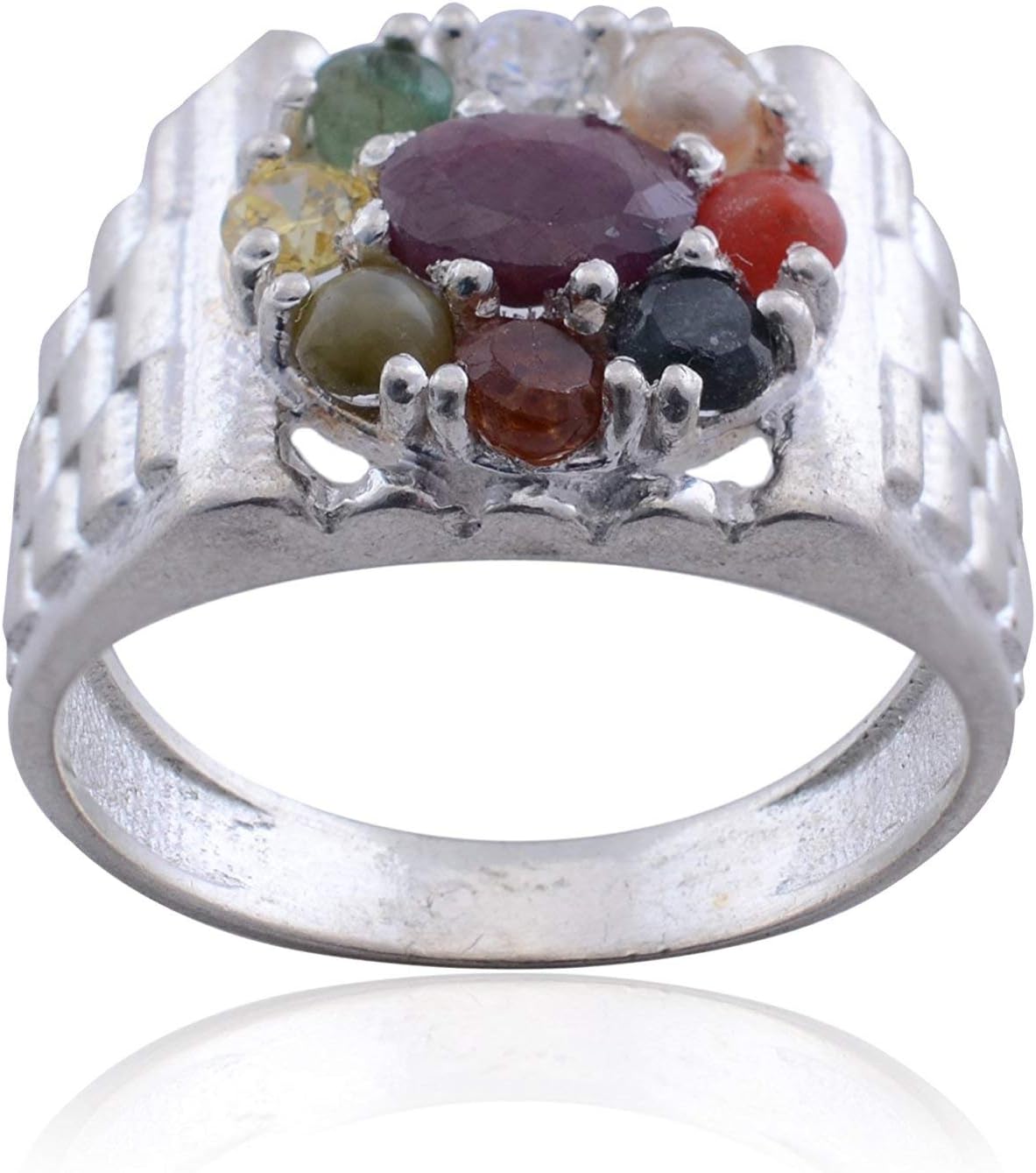 Sumitra Gems Divya Gems 925 Sterling Silver White 5 Gem Navratan/Navgrah Ring for Men and Women (Size 19)