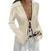 Womens Tie Front Satin Silk Blouse Sexy Deep V Neck Long Sleeve Open Front Club Tops Y2k Going Out Shirts