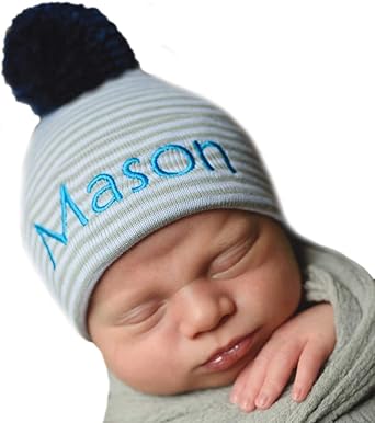 Amazon Com Melondipity Newborn Baby Hospital Hat For Boys Personalized Customizable Beanie Caps With Navy Pom Pom For Infants Soft Stretchy Head Wraps For Newborn Grey And White Striped Clothing