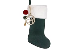 Pxniy Personalized Gold Wooden Initial Christmas Stocking, 19.5 inches Velvet Christmas Stocking with pom poms,Christmas Decorations for Xmas Fireplace Holiday Party(Green A)