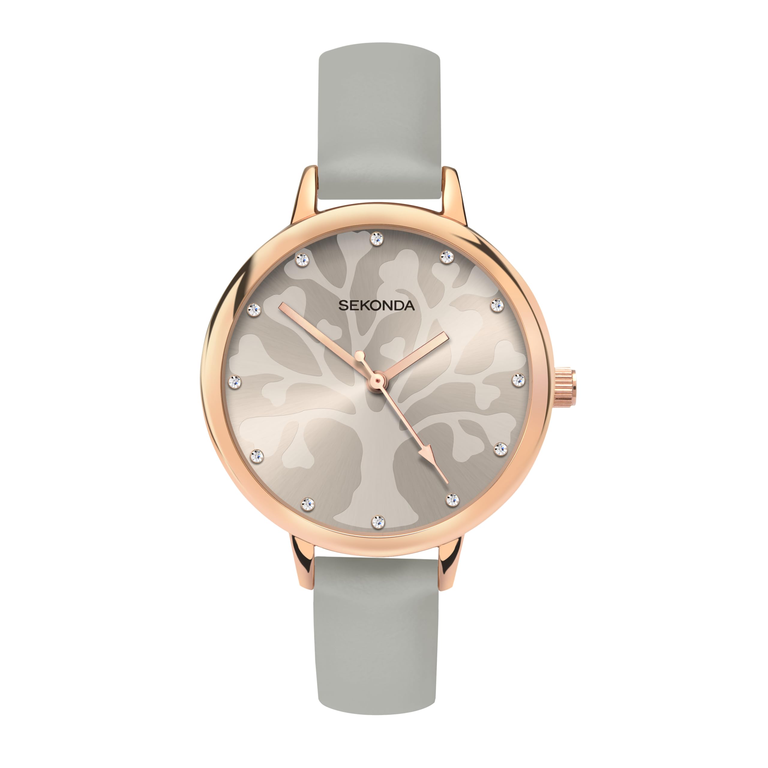 Sekonda Womens 35mm Analogue Classic Quartz Watch with Rose Gold Case Tree Patterned Dial with Stone Set Markers and Grey PU Strap