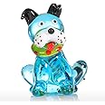 Too-arts Blue Squatting Dog Glass Statue Ornament Puppy Figurine Hand Blown Sculpture Multicolor