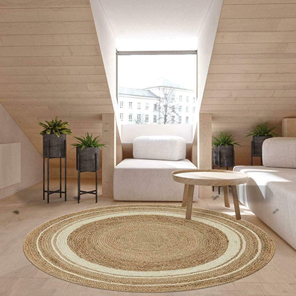 Rug Round 100% Natural Jute With White Line Hand Braided Reversible Area Carpet (90 x 90 Cm (3 Feet))