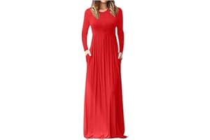 GENERIC Maxi Dress for Women Long Sleeve Crewneck Dress Loose Plain Casual Empire Waist Party Fall Dresses with Pockets