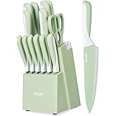 hecef 15 Pieces Kitchen Knife Set with Built-in Sharpening Wooden Block, Dishwasher Safe, High Carbon Stainless Steel Knife Block Set with Steak Knives, Kitchen Scissors, Green