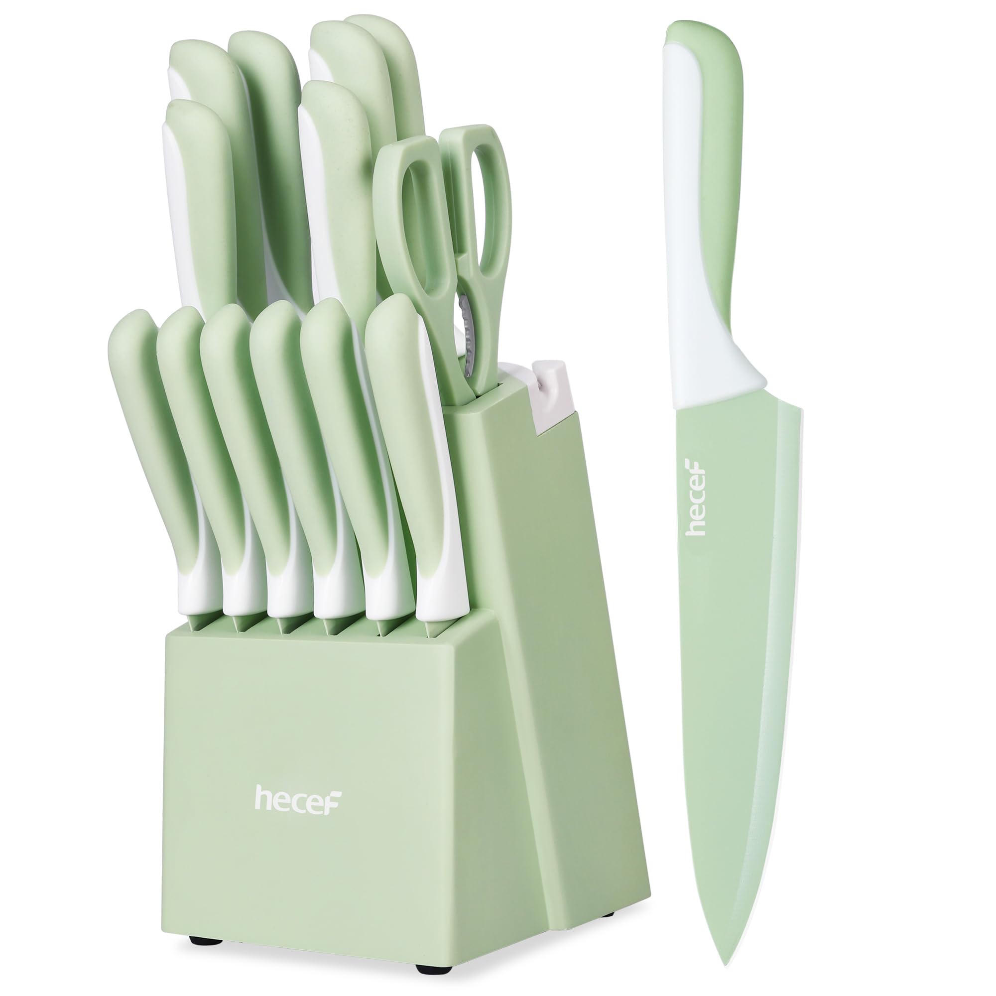 Photo 1 of hecef 15 Pieces Kitchen Knife Set with Built-in Sharpening Wooden Block, Dishwasher Safe, High Carbon Stainless Steel Knife Block Set with Steak Knives, Kitchen Scissors, Green