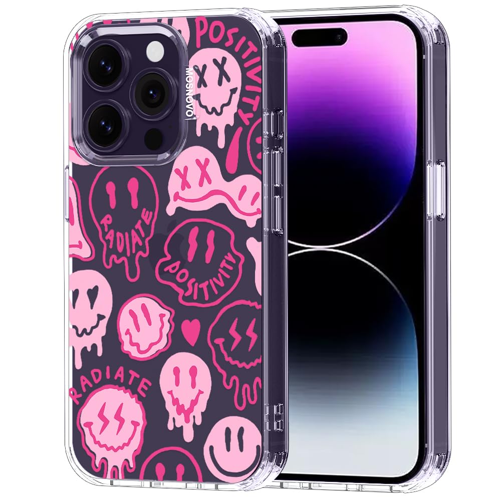 MOSNOVO Case for iPhone 14 Pro, [Buffertech 6.6ft Military-Grade Drop Protection] [Anti Peel Off Tech] Clear TPU Bumper Phone Case Cover Design - Pink Dripping Smiles Positivity Radiate Face — image 1