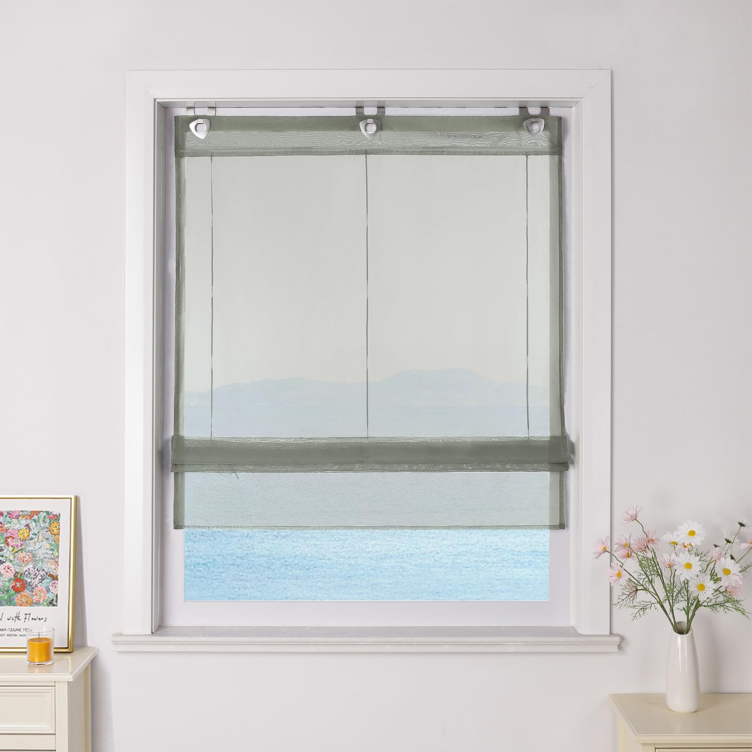 ESLIR Roman Blind No Drilling Required Roman Curtains with U-Hooks Eyelet Roller Blind Voile Curtains Transparent Curtains Modern 1 Piece Light Grey W x H 60 x 130 cm 1 Piece