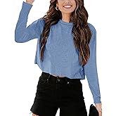 Tankaneo Women Long Sleeve Crop Tops Loose Crew Neck Cropped T-Shirts Drop Shoulder Casual Basic Tees L-Blue