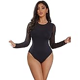 ohyeah Black Bodysuit Mesh Long Sleeves Tops Double Layer Body Suit Top for Women Sexy Going Out Top Fits S-XXL