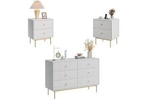 MAISONARIA White Dresser Set for Bedroom, 6 Drawer Dresser & Nightstands with Gold Handle (3, White)